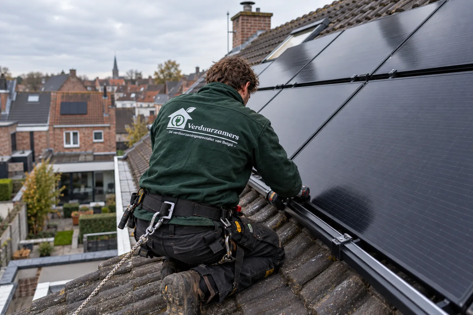 Technieker van Verduurzamers plaatst full black zonnepanelen op een Vlaamse woning